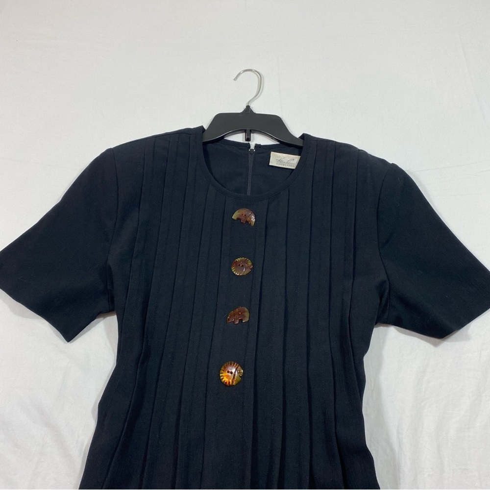 Vintage Kathie Lee Maxi Dress Black Pleated Bodice Decorative Animal Buttons - Picture 2 of 15